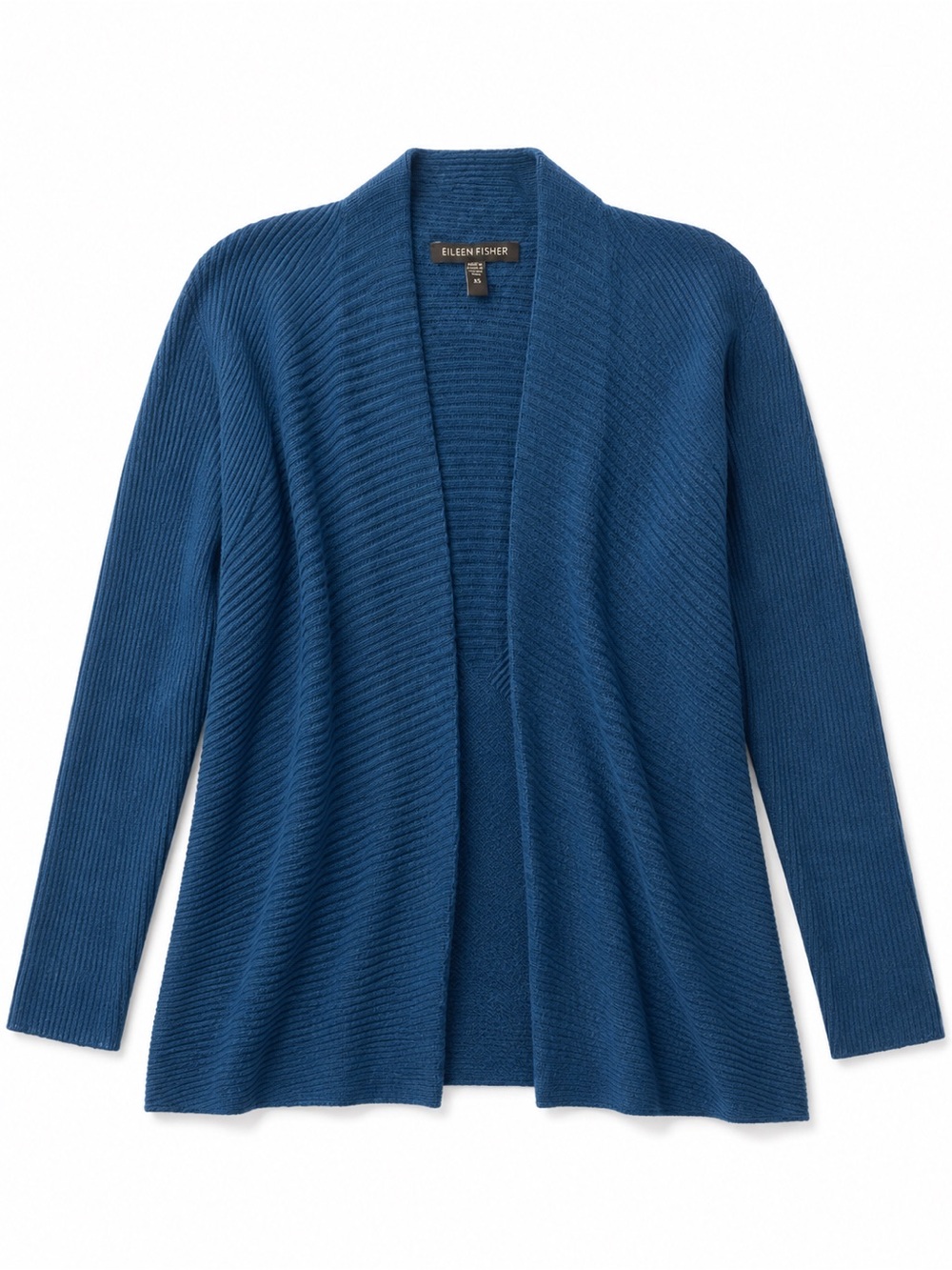 Eileen Fisher 100% Wool Ribbed Open Front Cardigan Blue Italian Yarn XS